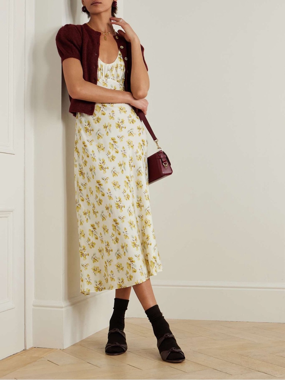 NWOT Doen Floral-print Silk-blend Midi Dress in Yellow, Size XXS/XS/S/M/L - Picture 3 of 16